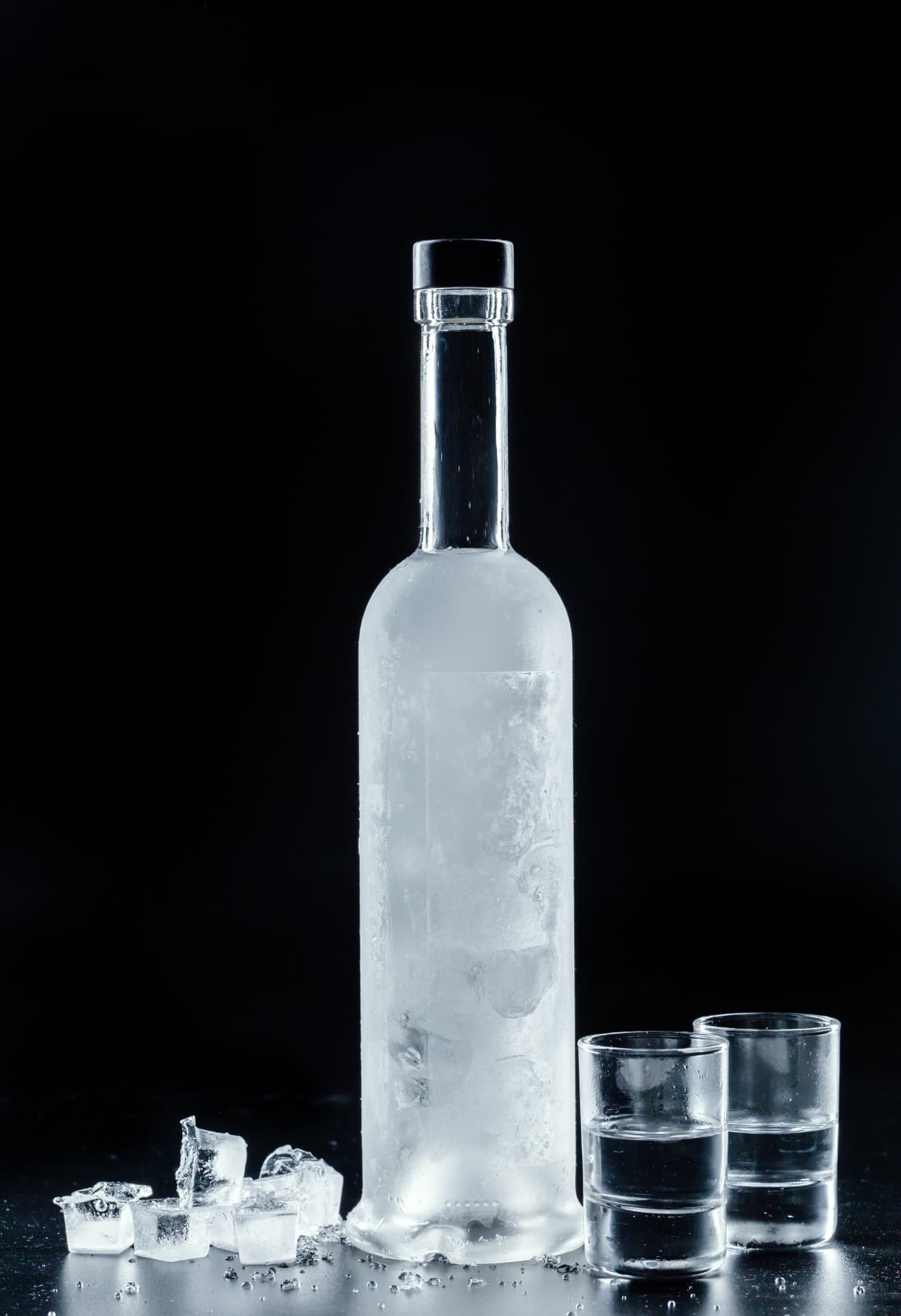 Garrafa de vodka gelada acompanhada de dois copos e cubos de gelo